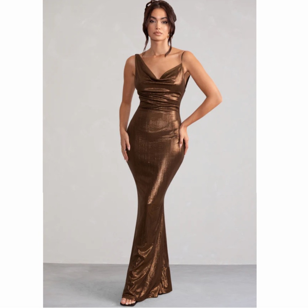 Galaxy shimmer bronze bias cut cowl front maxi dress
